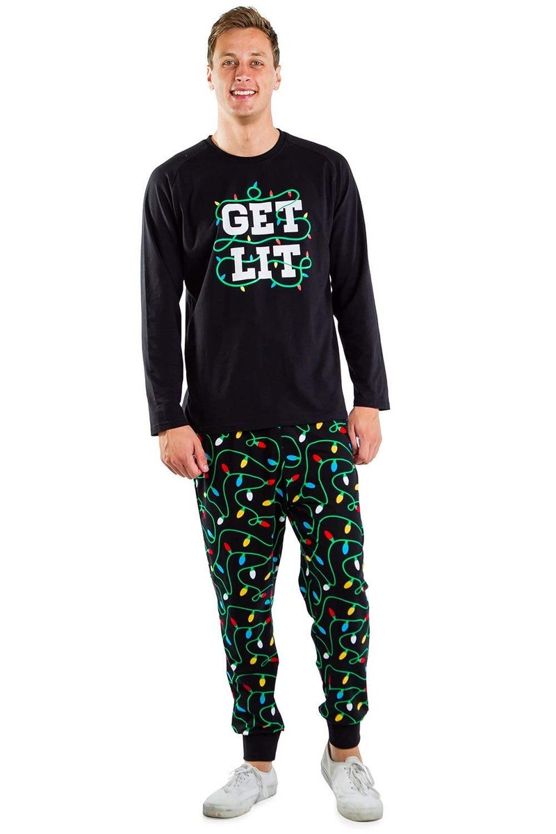Tipsy Elves Get Lit Christmas Pajamas for Men Funny Comfy Black Pajama Set Size X-Large - Image 1